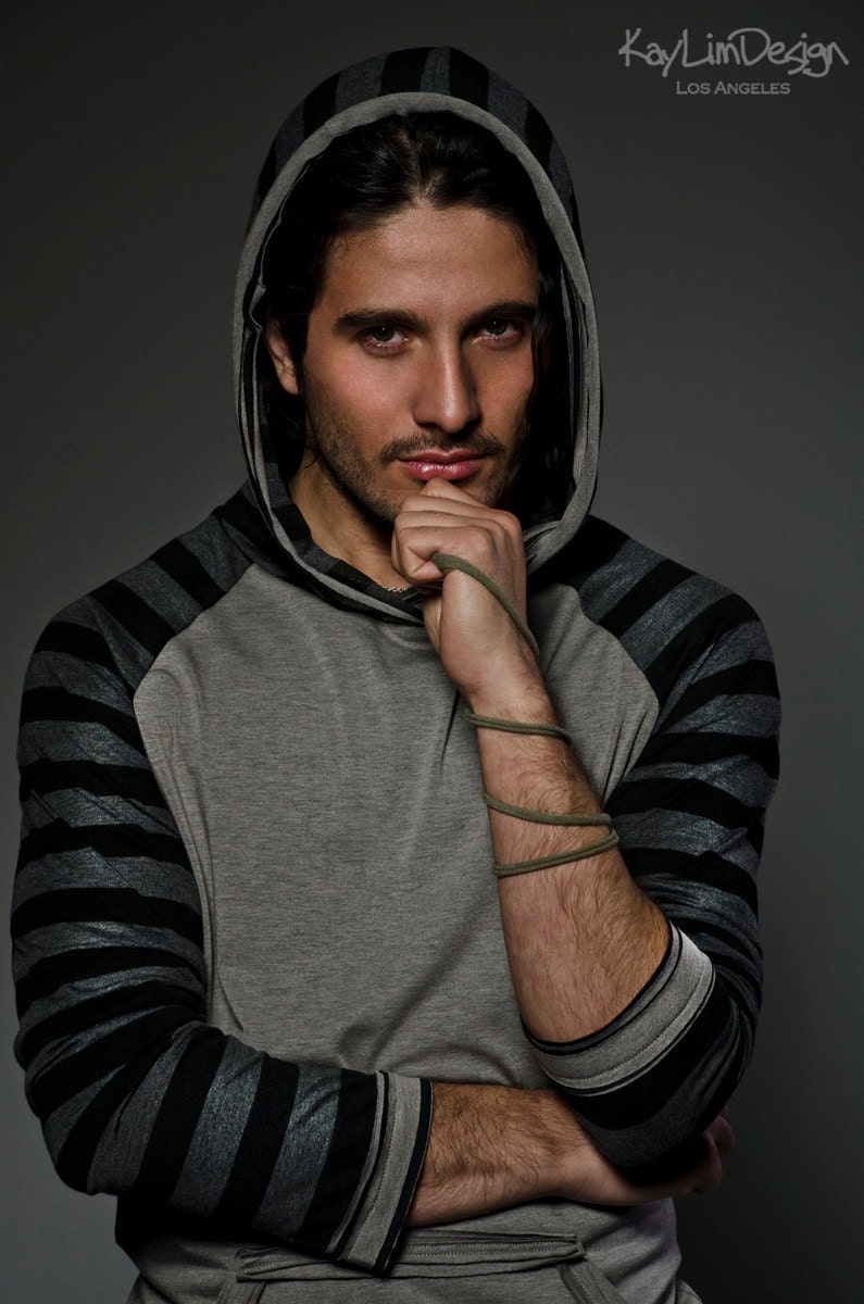 Men's hooded t-shirt, men's baseball sleeve t-shirt KMT 032