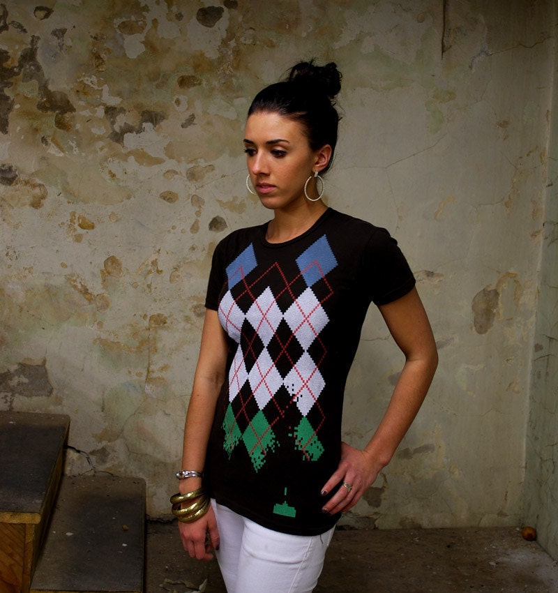 Space Invaders Argyle Annihilation Women's Tshirt on black- Women's Tee Shirt S M L XL