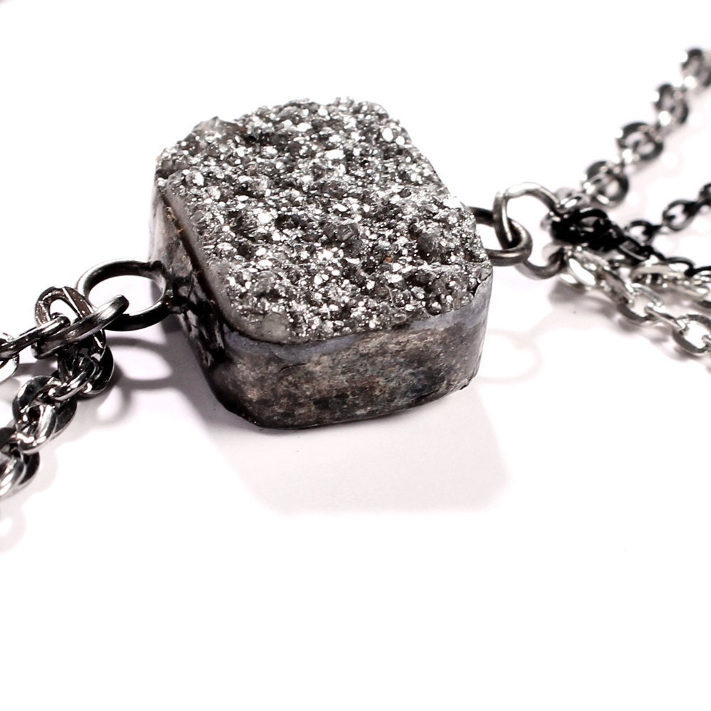 Silver Druzy Necklace - long drippy dangle chains - Bohemian Chic Gothic bling sparkly girly Rectangle Quartz gemstone Pendant