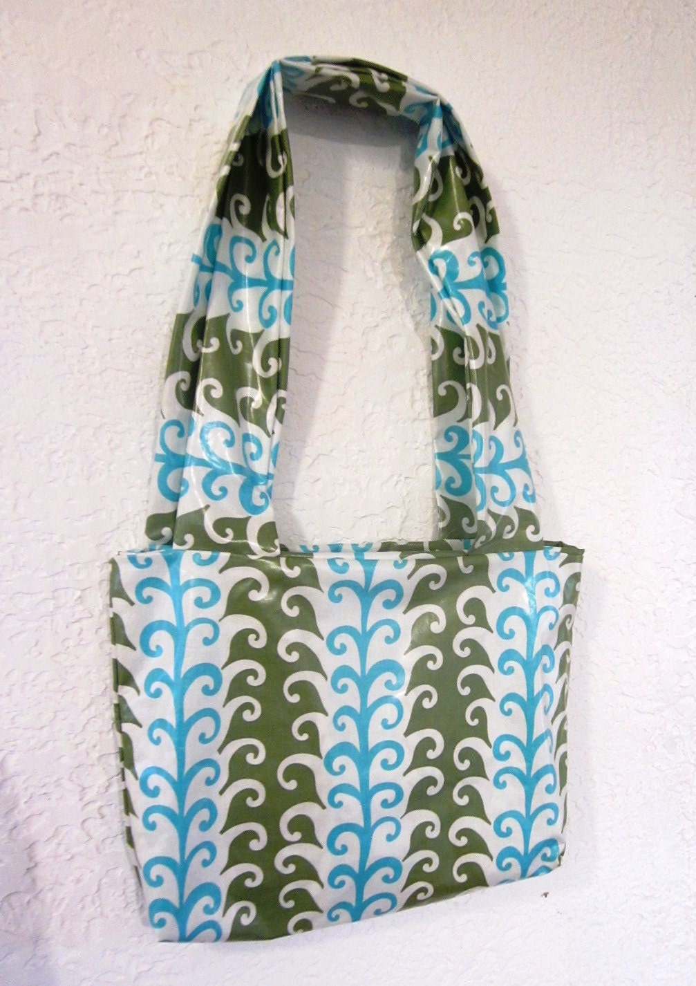 Laminated Cotton Tote Bag - Aqua and Sage Green Wave Pattern