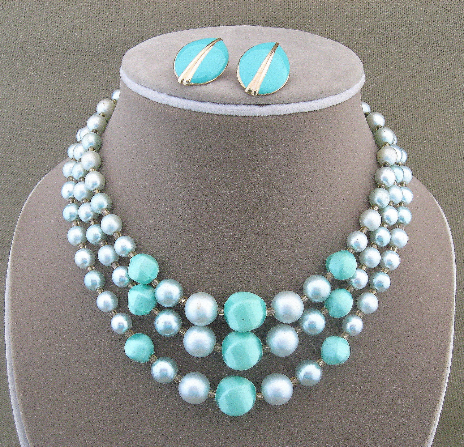 Vintage Japan Blue Bead Necklace Earrings Set