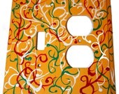 Hand Painted Toggle Duplex Outlet Cover Plate- Yellow with Red, White and Green Swirls
