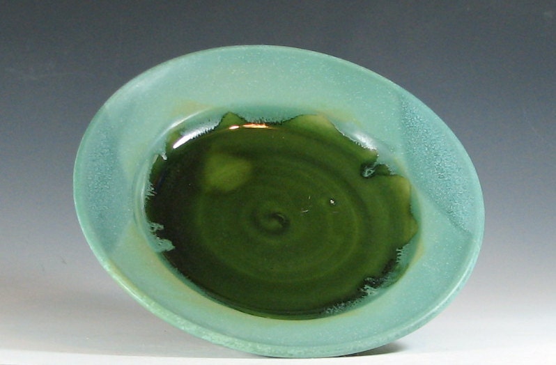 SALE dinner plate, ceramic platter, stoneware pottery dish, glazed in green and seafoam, handmade by hughes pottery