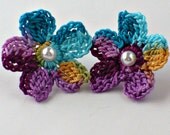 Crochet Flower Earring Studs Dark Teal Berry Purple Orange Turquoise