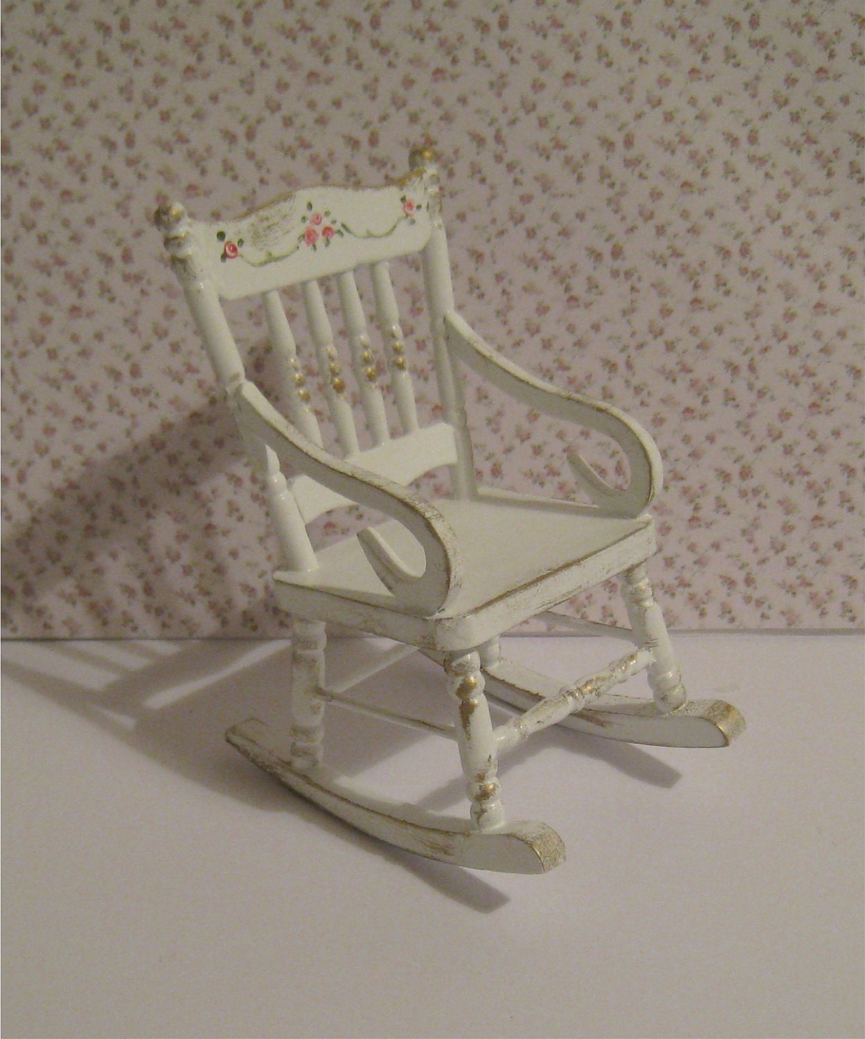 Shabby Chic   rocking chair, ,  distressed white with rose bouquets,  Twelfth scale dollhouse miniature