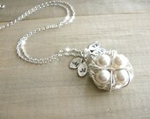 Personalized Birdnest Pendant - 4 Pearls Wrapped in Silver - Choose Your INITIAL and PEARL COLOR - mom, mother, kids, children, Mother's Day
