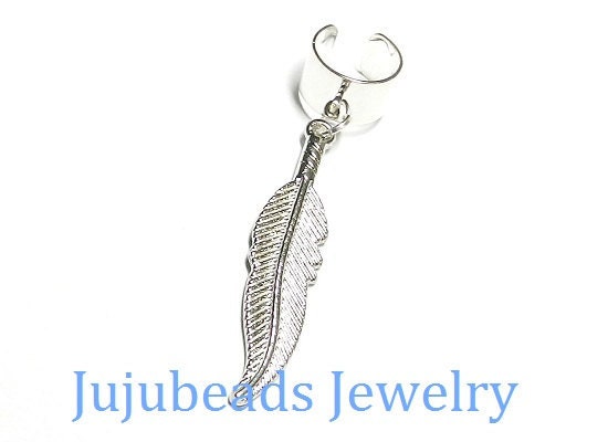 READY to be SHIPPED Single Big Bright Silver Feather Ear Cuff Earring
