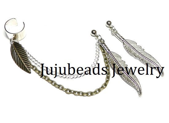 READY to be SHIPPED Forest - Wing and Feather Chain Ear Cuff Set