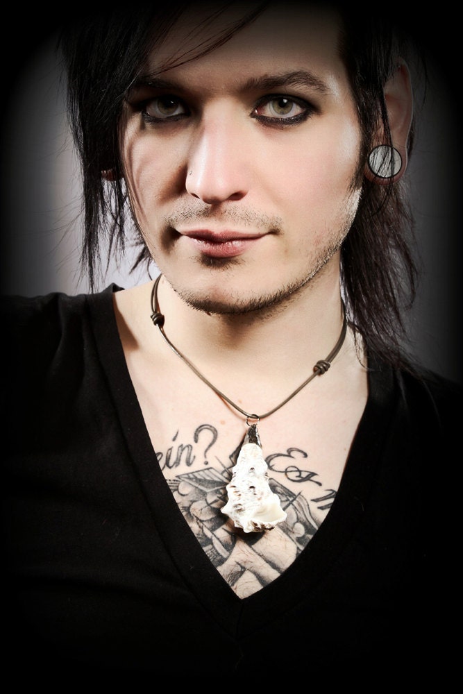 Mens Shell Necklace- Large pointy Bohemian Jewelry Necklace Pendant Adjustable leather strap cord, chocker style Tribal Pirate unique OOAK
