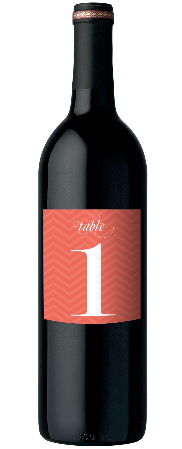 Custom Wedding Table Numbers Wine Bottle Label Salmon Chevron