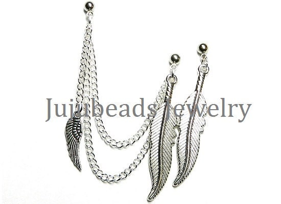 READY to be SHIPPED Wing and Feathers Double Cartilage Chain Earring