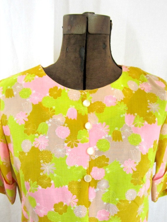 Vintage Miss Smith 60s Floral Day Dress Pink Yellow Green Size Large