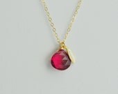 Raspberry Glaze Necklace - fushia deep red rubilite hydro quartz teardrop gold filled - simple everyday jewelry - adencreations
