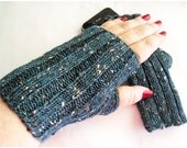 Fingerless Gloves, Hand Knit, Dark Teal Tweed, Arm Hand Warmers, Merino Wool Alpaca