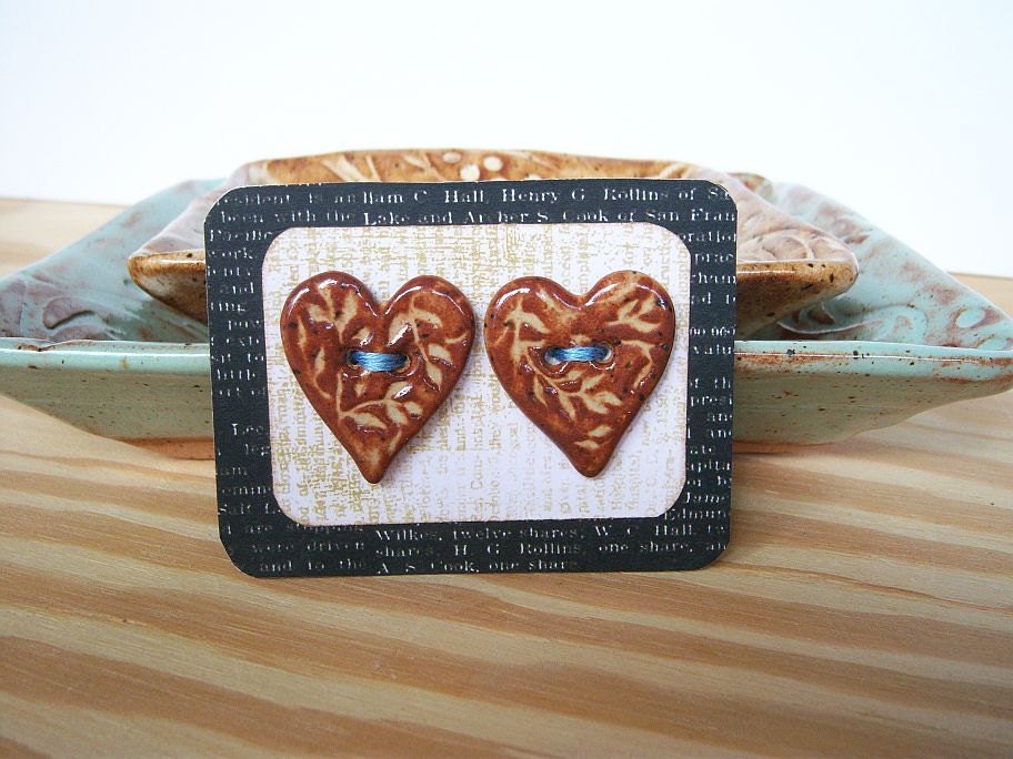 Stoneware Heart Buttons in Shino Glaze - Set of 2