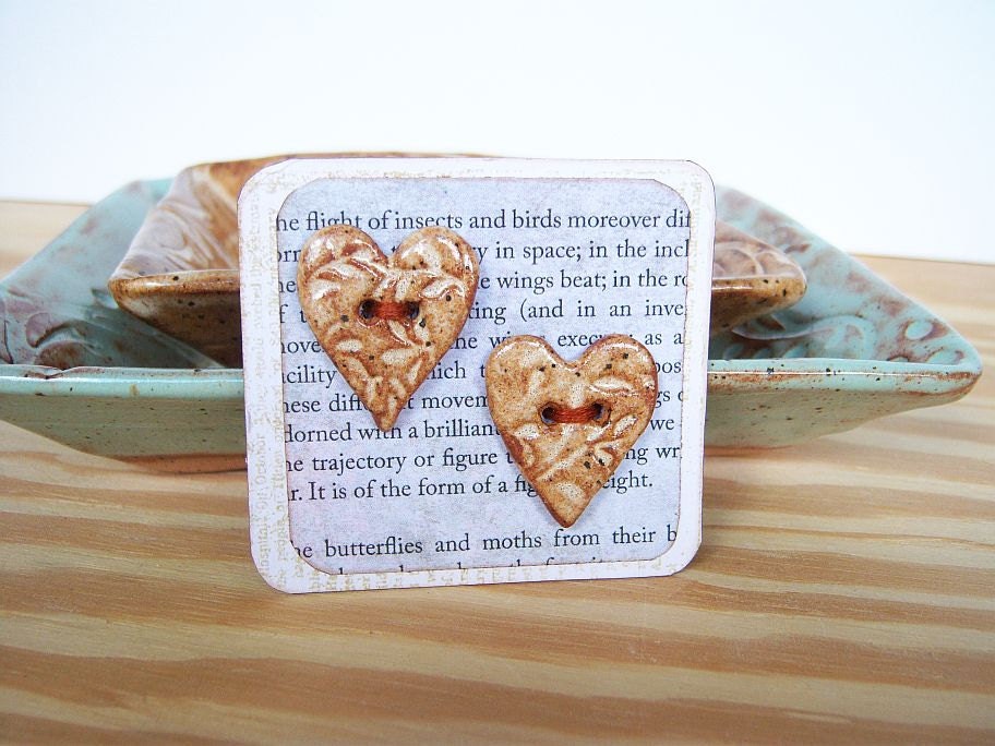 Stoneware Heart Buttons in Speckled Tan Glaze - Set of 2