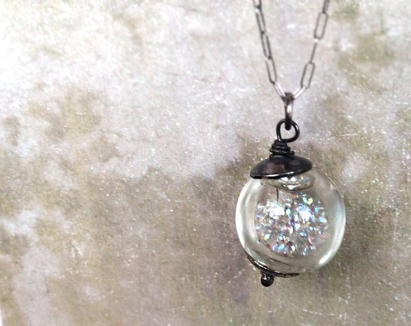 Spring is Coming  - Glass Globe Pendant full of Sparkly Goodness on Sterling Silver Chain