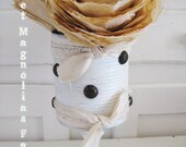 Upcycled Can ...Rustic Romance..Pedestal Pen Pencil Holder .. Flower Vase.. Silverware container..