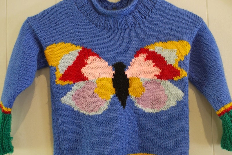 Stunning vintage handmade knitted jumper - butterfly motif ( approx 4 years)