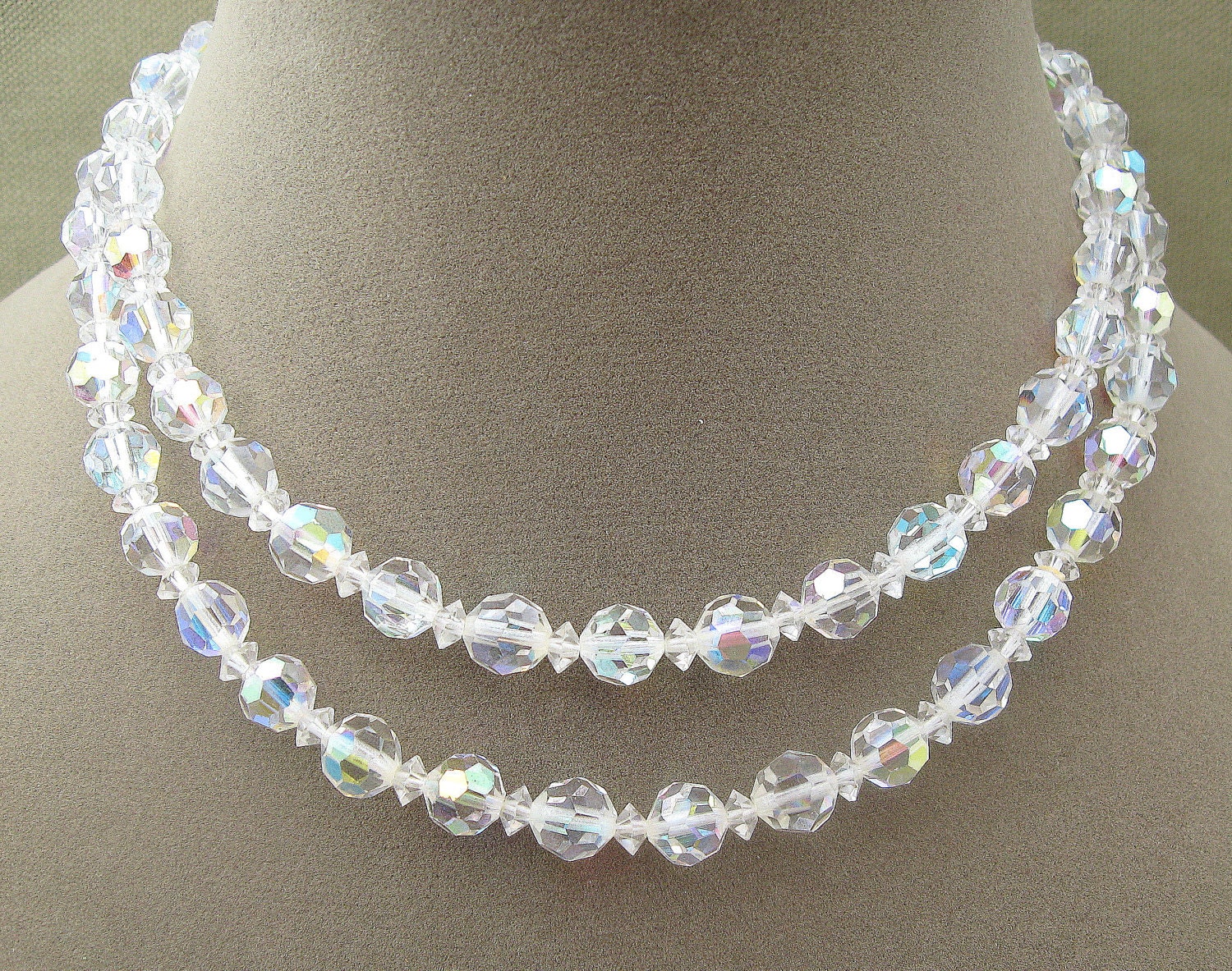 Long Vintage Crystals Aurora Borealis Bead Necklace