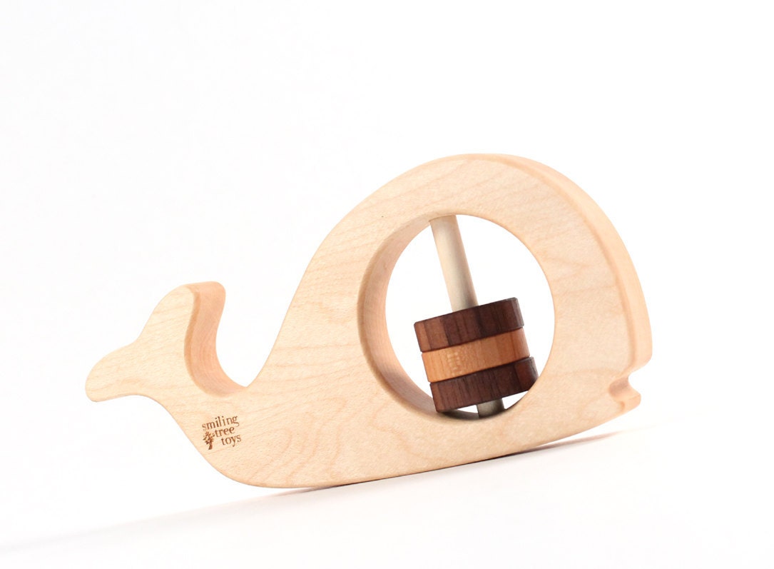 organic whale RING RATTLE - natural wood teether toy, eco-friendly for montessori baby, newborn, boy or girl