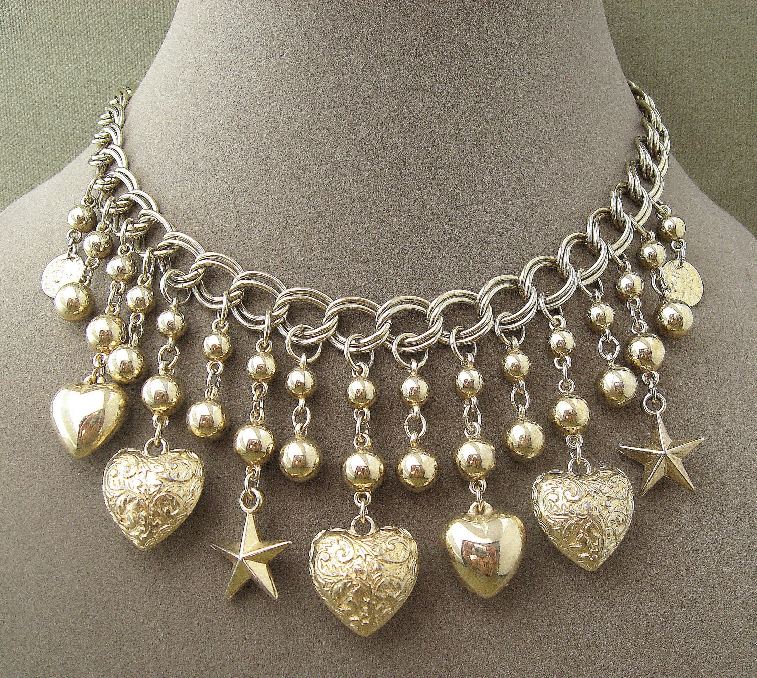 Hearts Charms Chains Necklace Vintage Dangles