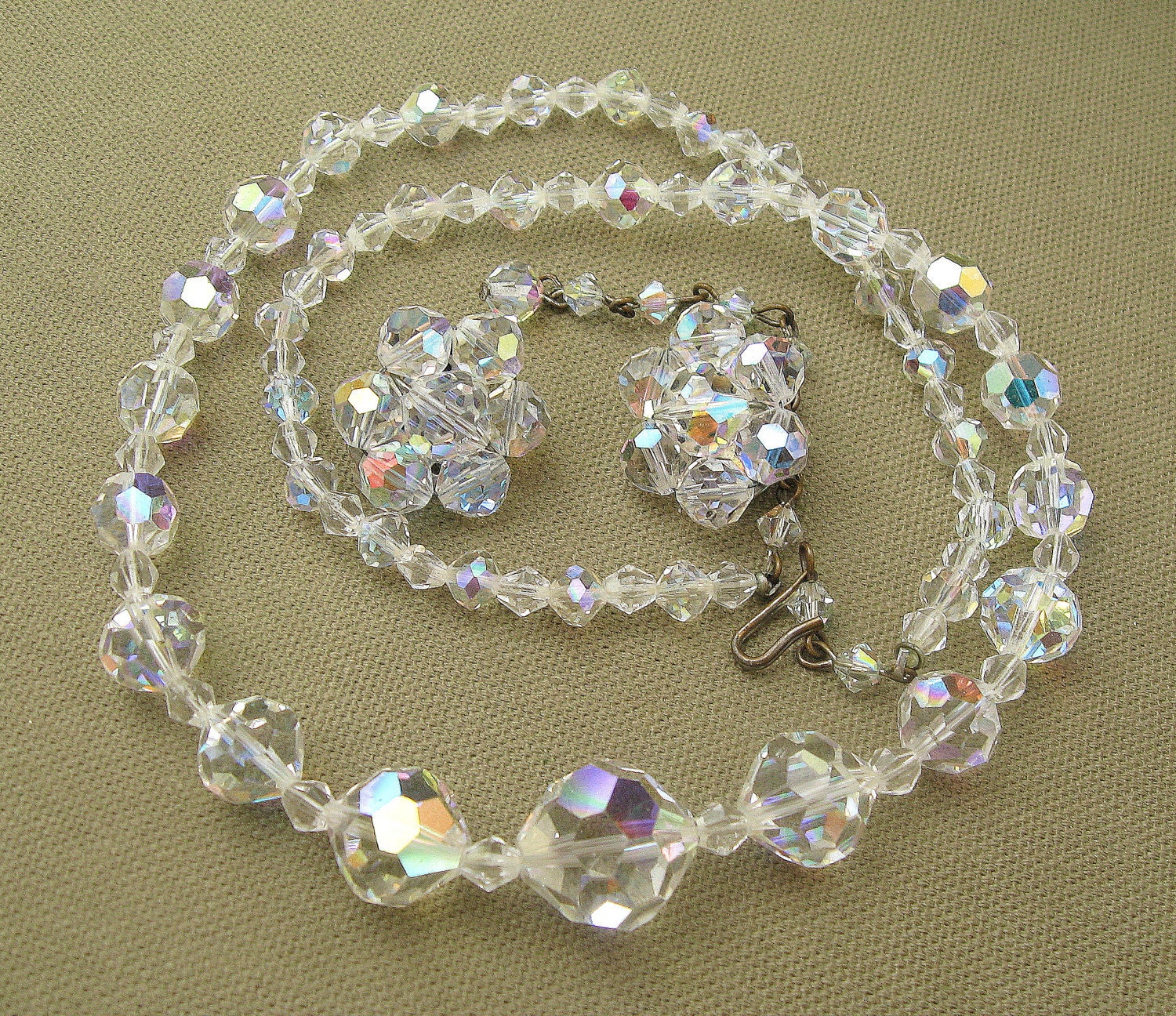 Aurora Borealis Vintage Crystals Necklace Earrings Set