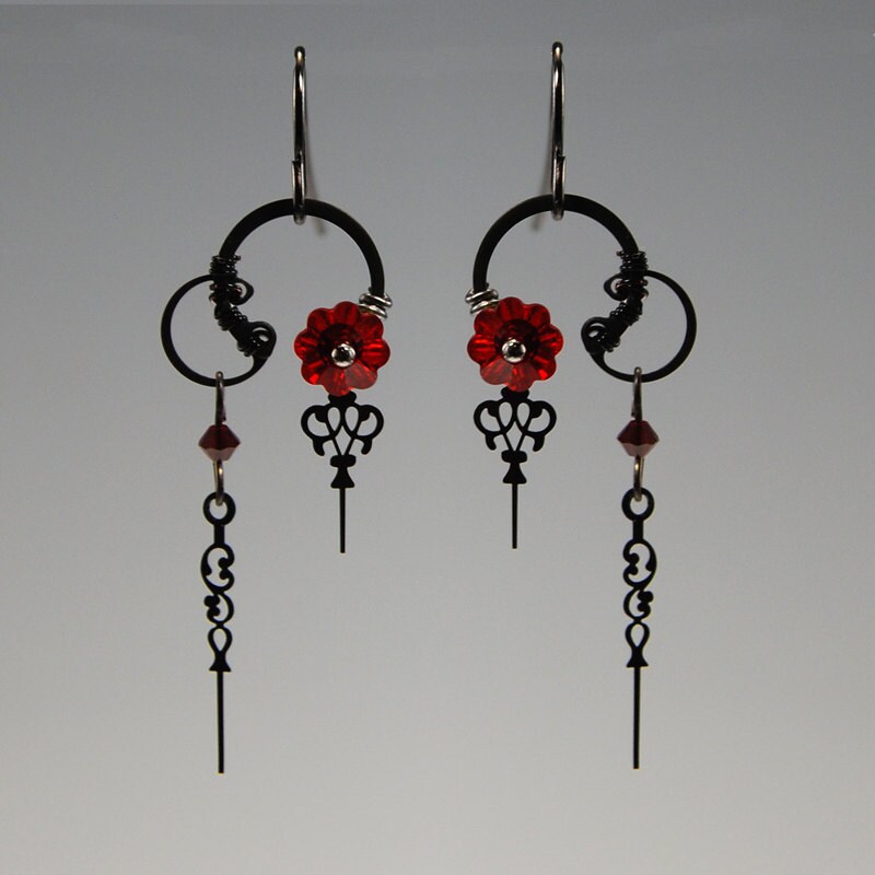 Athena II v9: Red Swarovski crystal steampunk earrings