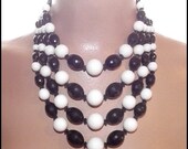 Vintage 1950's 4 Strand Black & White BIG Faceted Bead Necklace Choker Beads Kitsch