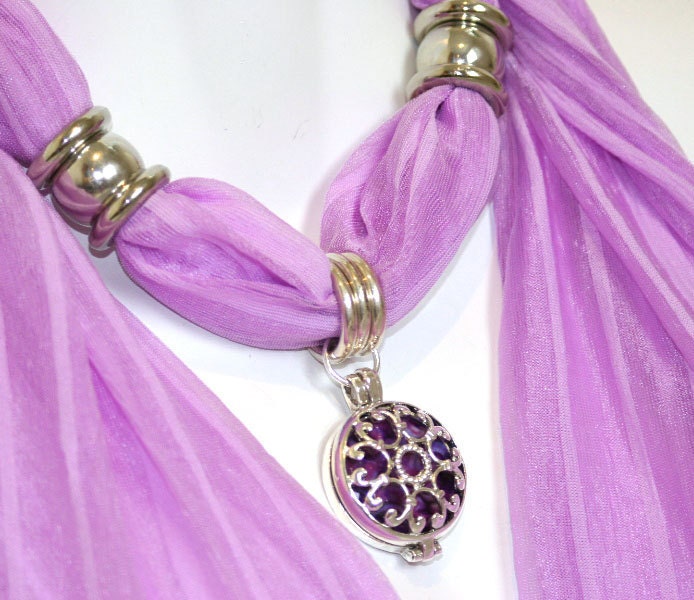 Scarf with Jewelry. Purple. Pastel. Mauve. Filigree. Silver. Pendant. Elegant. Accessories. Gift
