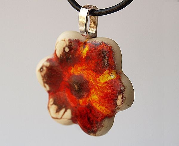 Necklace flower , pendant, flame - red and yellow,  ceramic, porcelain, black black leather, 925 silver clasp - fireanna