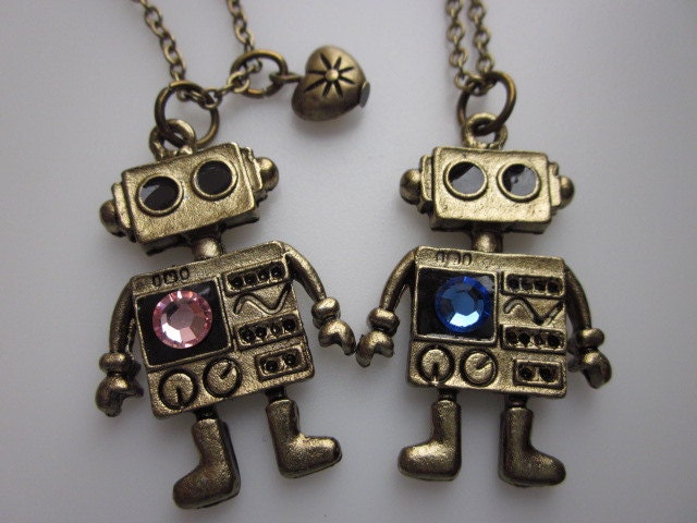 ROBOTS IN LOVE. Pair of Robot Necklaces with Pink and Blue Swarovski.