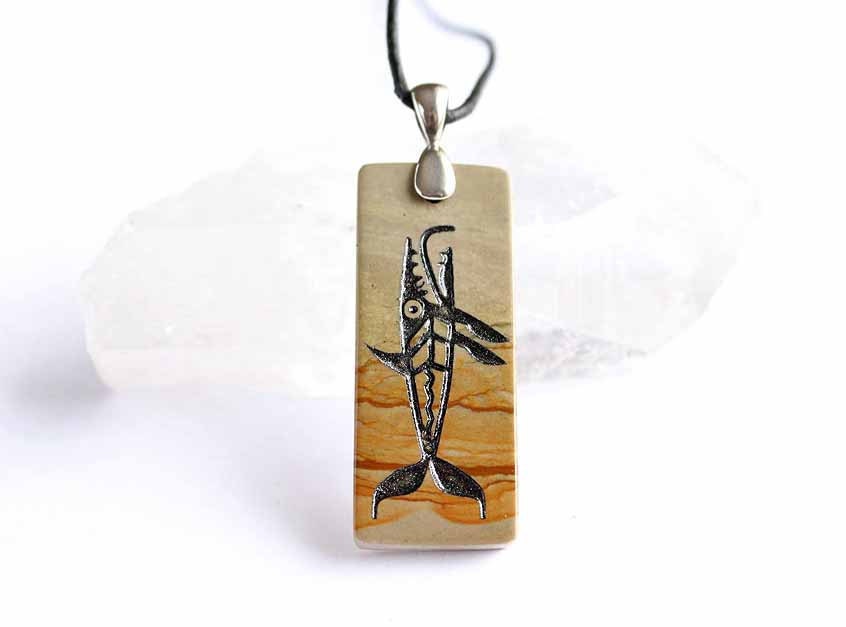Barracuda - Fierce Tribal Fish - Engraved Stone Pendant - Owyhee Picture Jasper