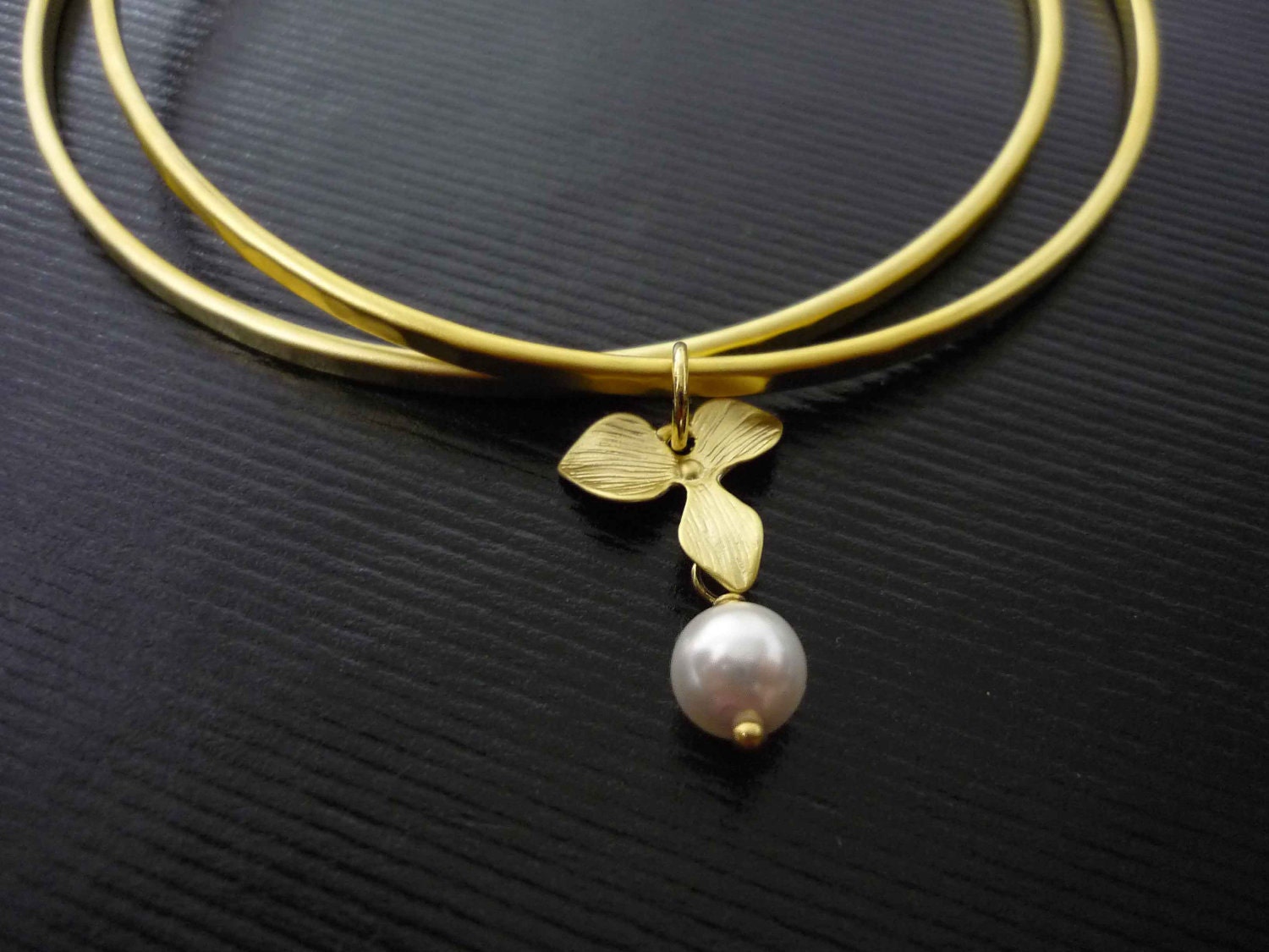 Orchid Bracelet, Gold Orchid Flower, Orchid and Pearl, Bangle