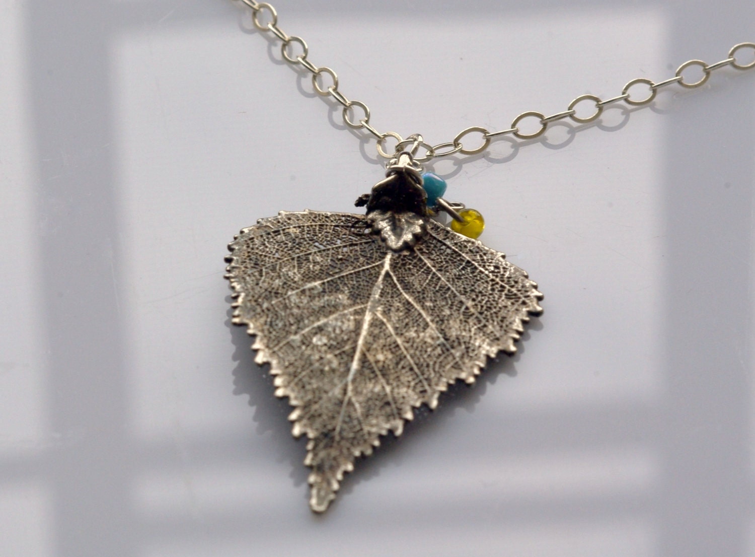 Natural Birch Leaf Pendant on Long Silver Chain, Oxidized Finish