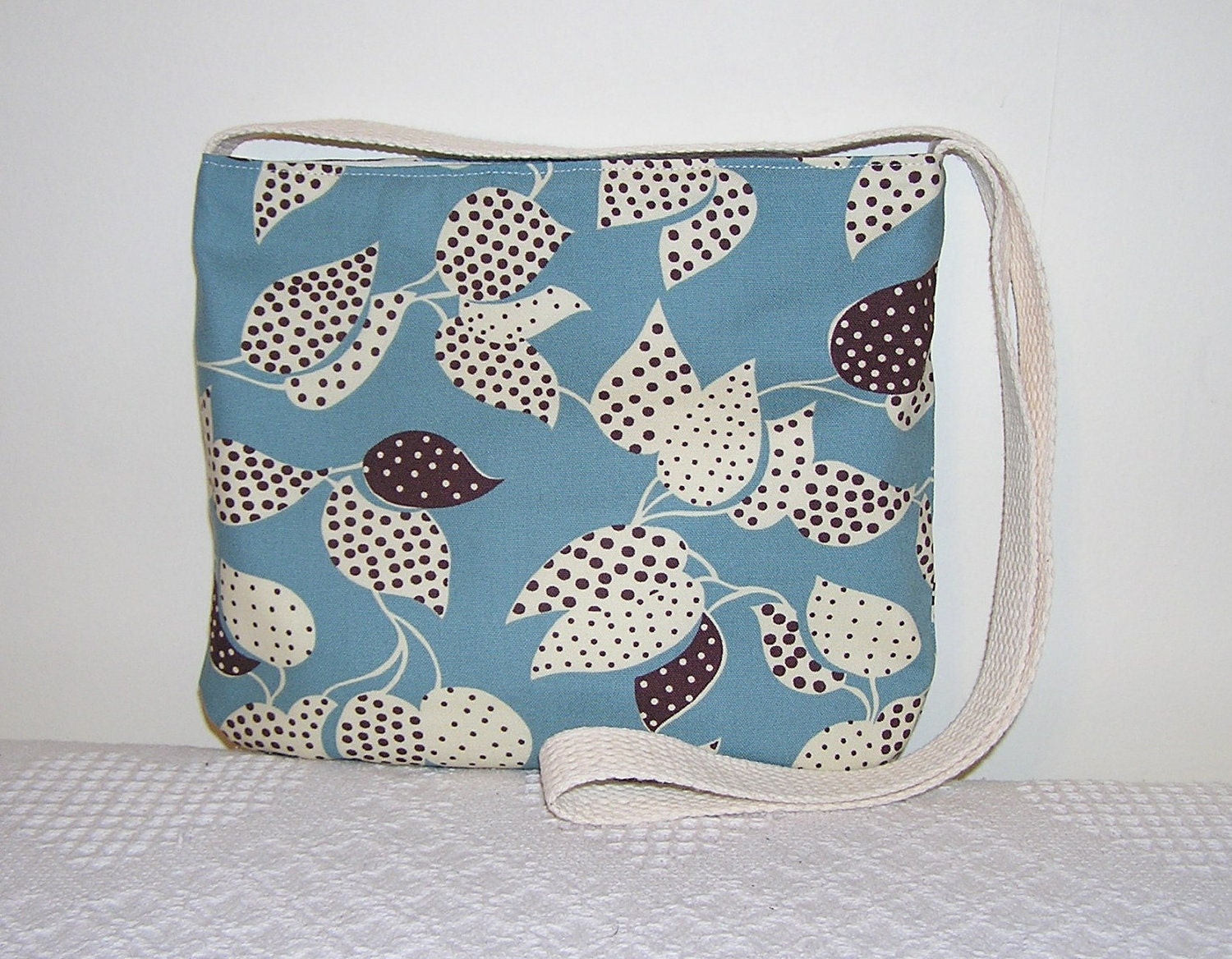CLOSING SALE-Cross Body Shoulder Bag in Ivory Brown Leaves on Blue