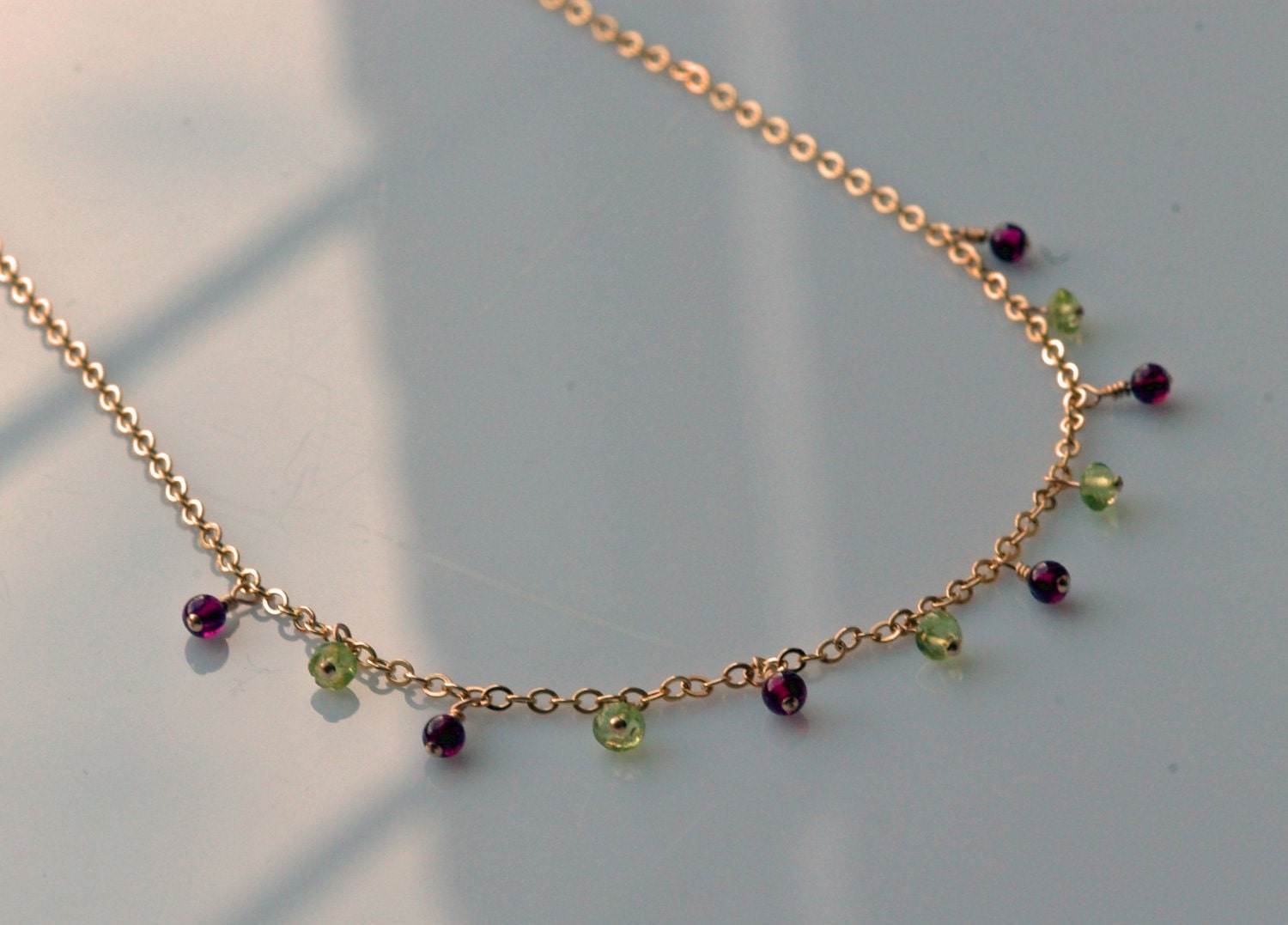 Gold Filled Chain Necklace with Peridot and Garnet Bead Dangles