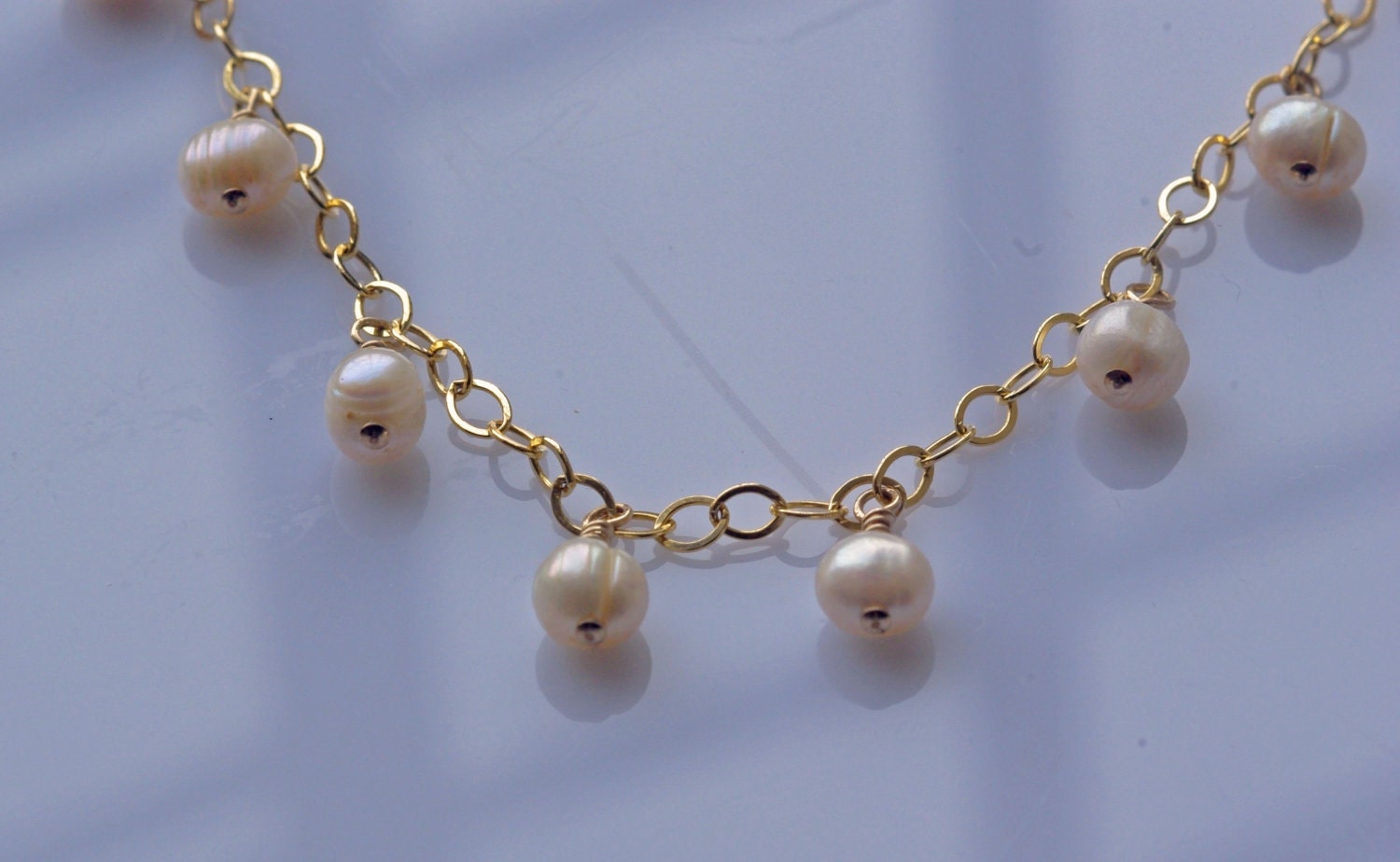 White Pearl and Gold Chain Necklace, Bride Necklace