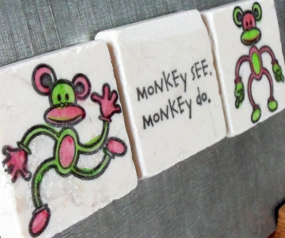 Sock Monkey Tile Magnets, Set of 3, Ready to Ship