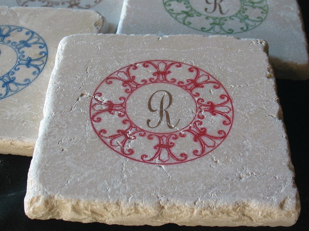 Monogram Coasters, Red Fleur de Lis Circular, Set of 4