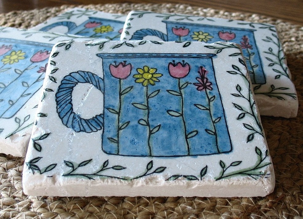 Coffee Cup Coasters, Spring Blue Floral, Set of 4, Ready to Ship