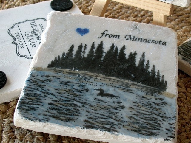 Absorbent Tile Coasters, Tranquil Loon on the Lake, Set of 4