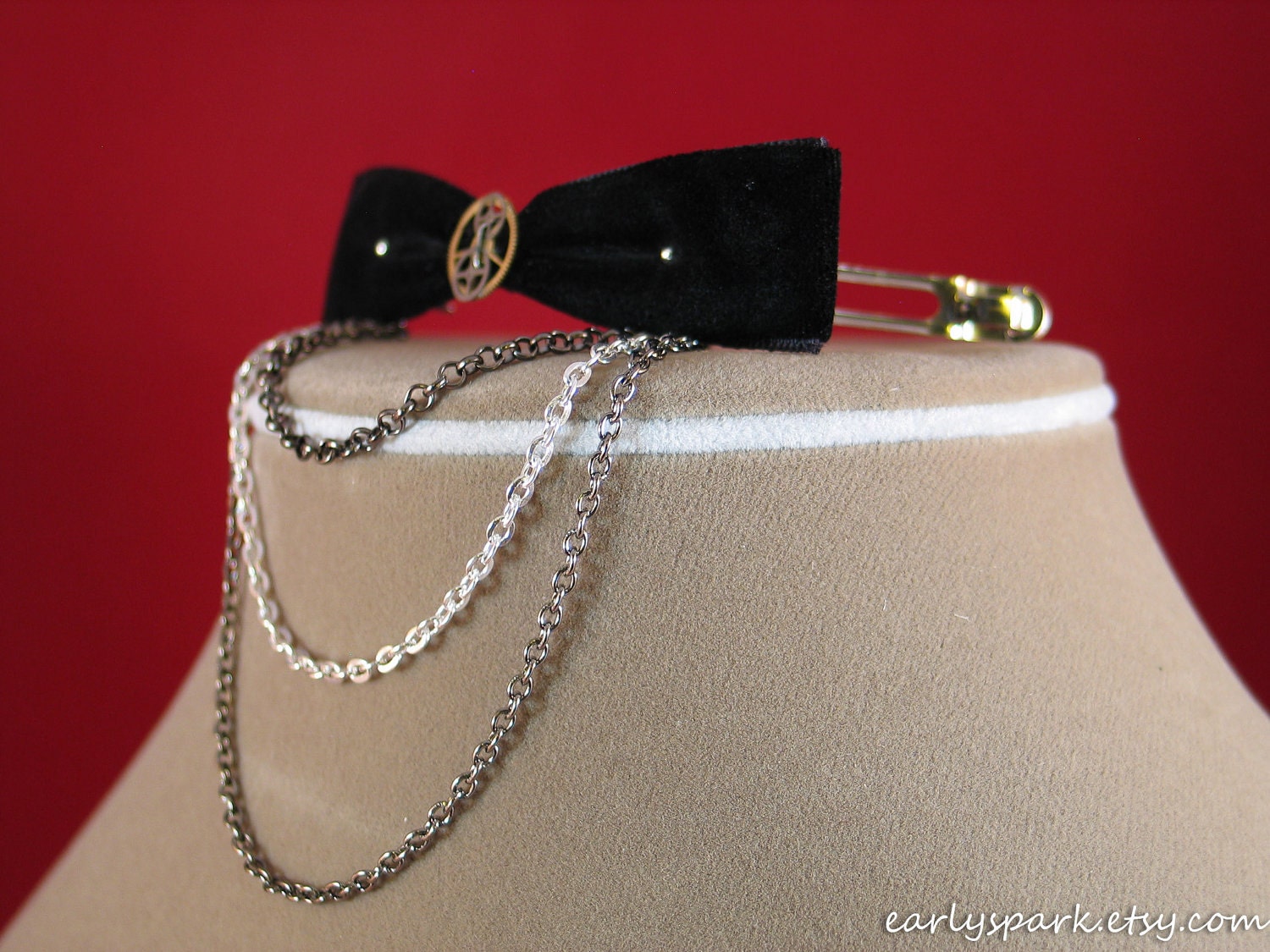 Steampunk Barrette, Black Velvet Bow with Chains and Gears, Coppertronic Hair Clip Accessory