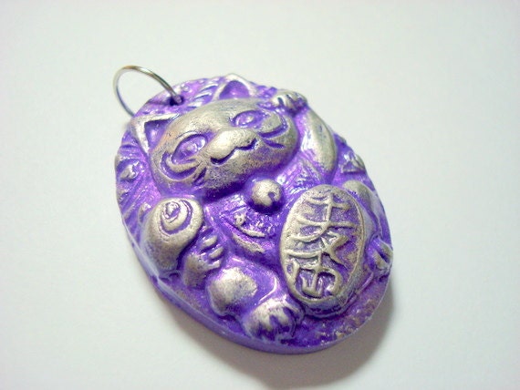 Purple and Silver Maneki Neko Lucky Cat Handmade Polymer Clay Pendant