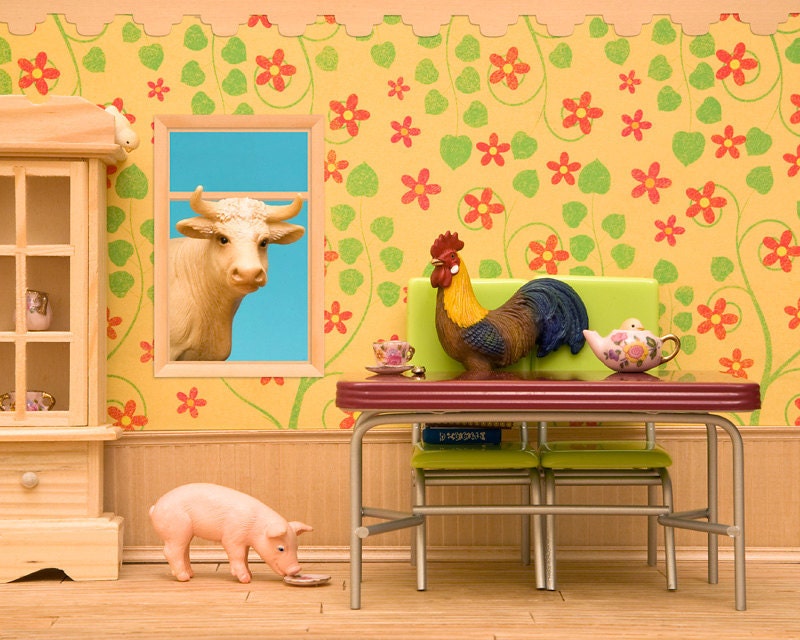 farm animals, cow, rooster, bright, cheerful yellow, country house - When The Farmer's Away 8 x 10