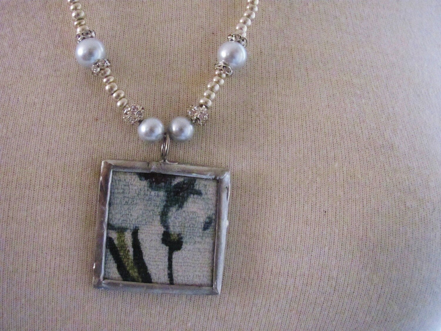 OOAK "vintage barkcloth under glass" soldered pendant beaded necklace - free shipping