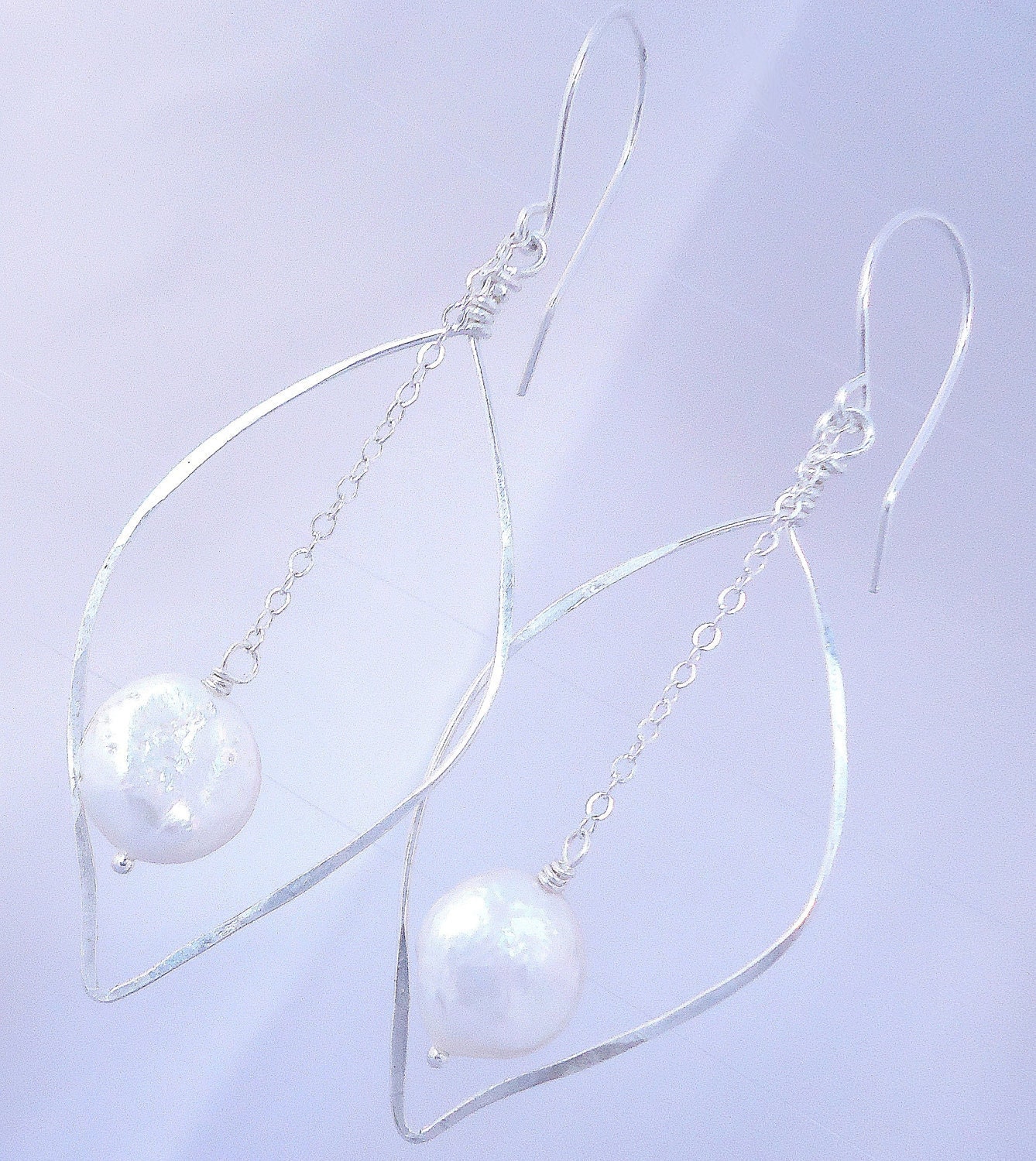 Sterling Silver Leaf Earring With Coin Pearl, Hammered, Gift Under 50, Bridesmaid Gift, Etsy Fashion