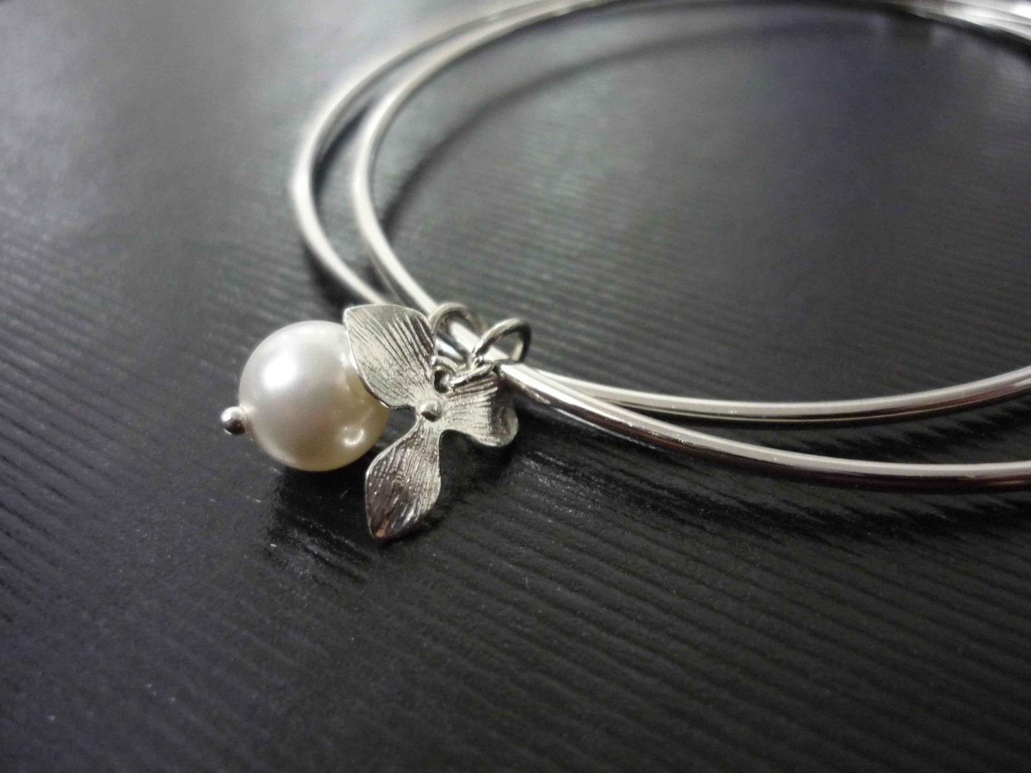 Personalized Bracelet, Pearl Bangle, Orchid jewelry, Cuff style, Silver Bangle Bracelet - FREE SHIPPING