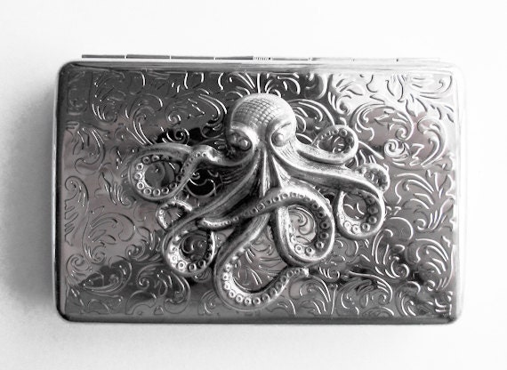 Cigarette Case Octopus Large Size Vintage Style Silver Plated Gothic Victorian Steampunk