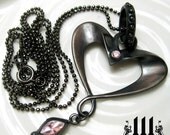 VALENTINES DAY SPECIAL Black Heart Necklace Pink Stone Ball Chain Antiqued Silver Steam Punk